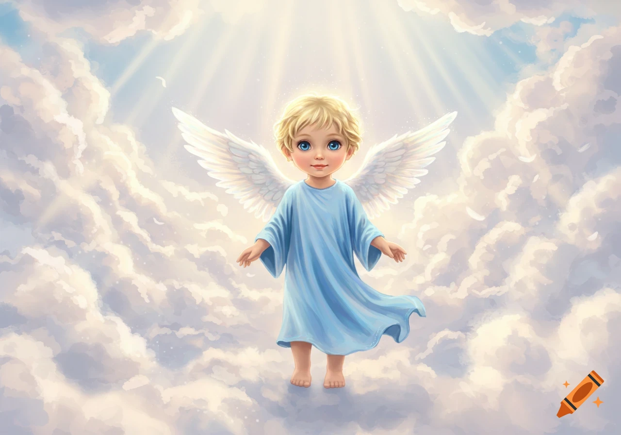 A cute blonde child angel in a blue robe stands on white clouds with light rays, in an illustration.