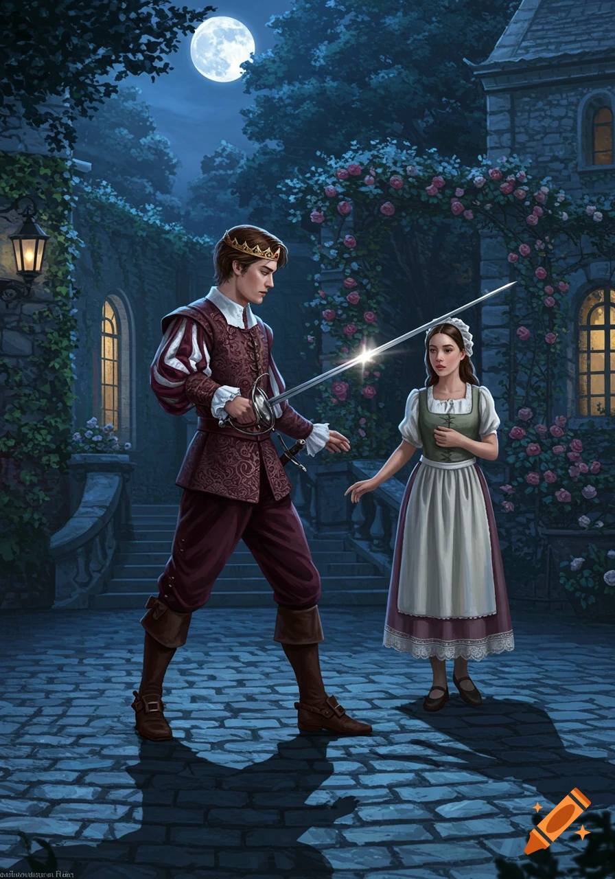 A prince practices swordplay under moonlight outside a castle with roses, while a servant girl stands nearby.