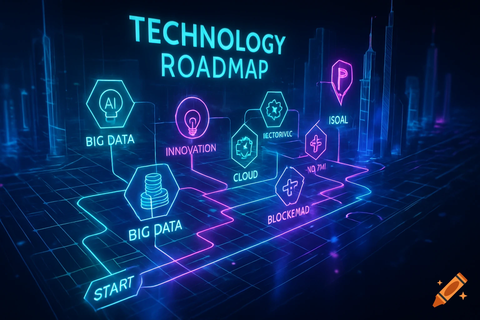 A futuristic digital technology roadmap visualization with glowing neon lines connecting hexagonal nodes labeled 'AI', 'Big Data', 'Innovation', 'Cloud', and other garbled text, against a dark city skyline background.