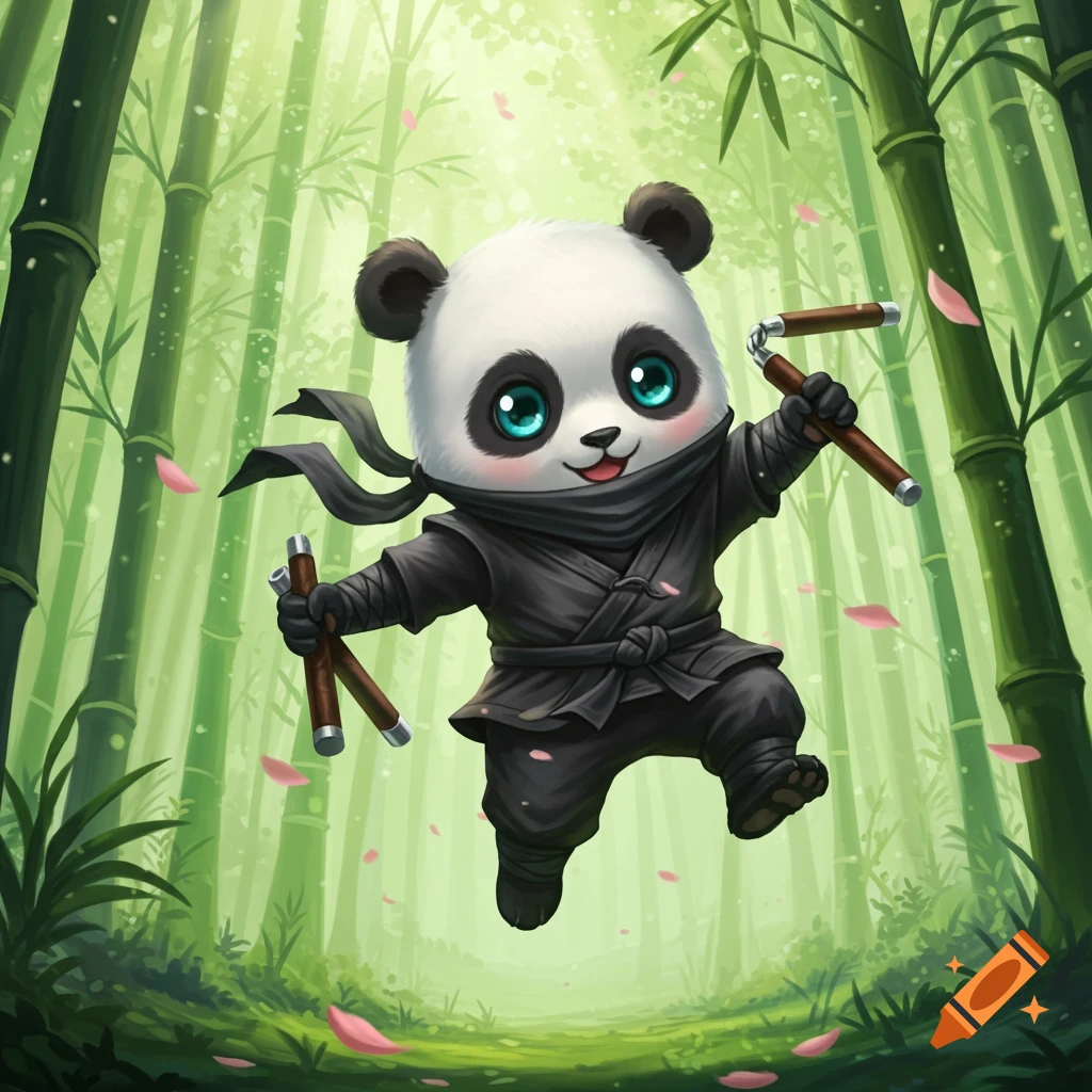 Cute chibi panda ninja holding nunchaku, jumping in a green bamboo forest with pink petals.