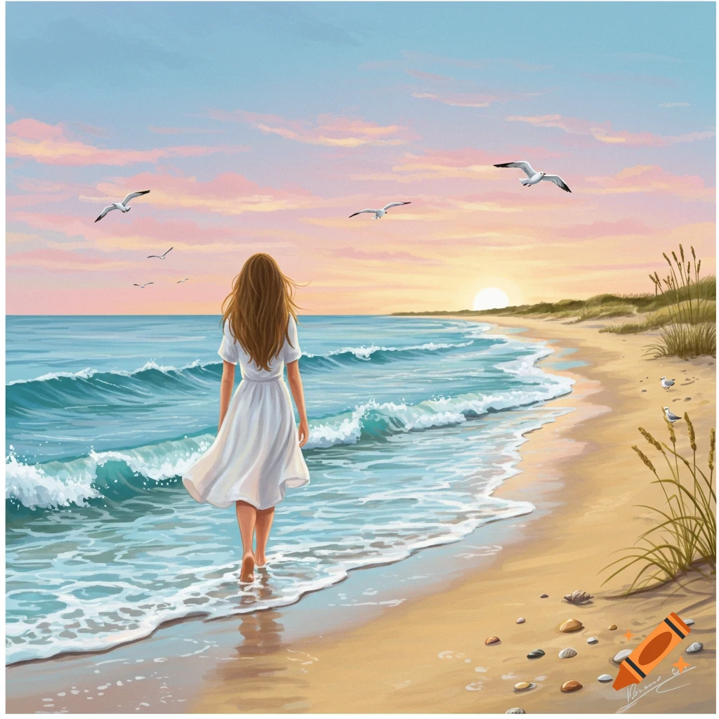 A stylized illustration of a woman in a white dress walking barefoot on a sandy beach at sunset, with seagulls flying overhead.