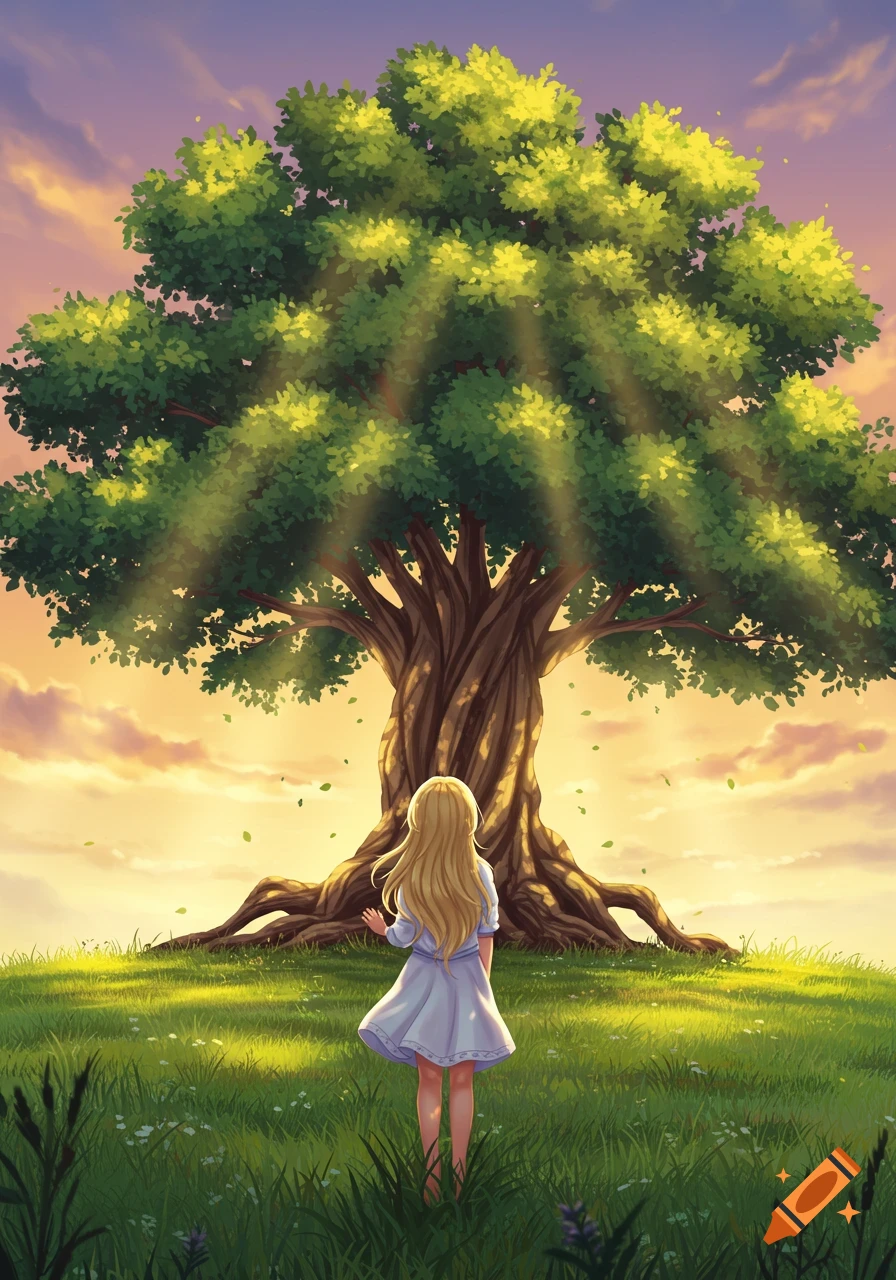 A blonde girl in a white dress stands in a sun-drenched green field, gazing at a massive, ancient tree under a vibrant sky. Illustration style.
