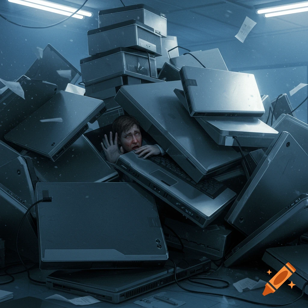 A distressed person is shown buried under a large pile of dark laptops and computer boxes in a blue-lit room.