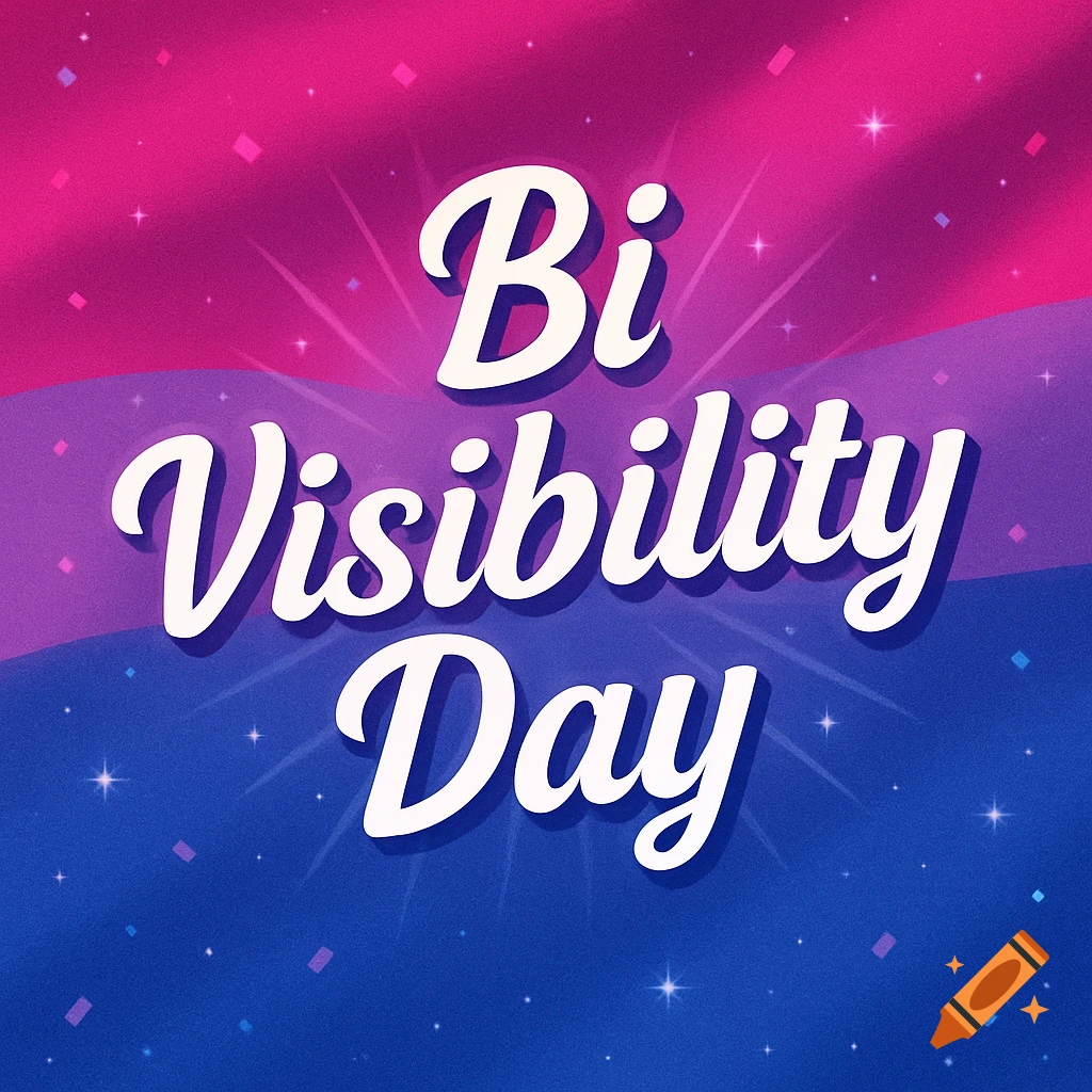White script text reading 'Bi Visibility Day' over a background of pink, purple, and blue bisexual flag colors with sparkling stars.