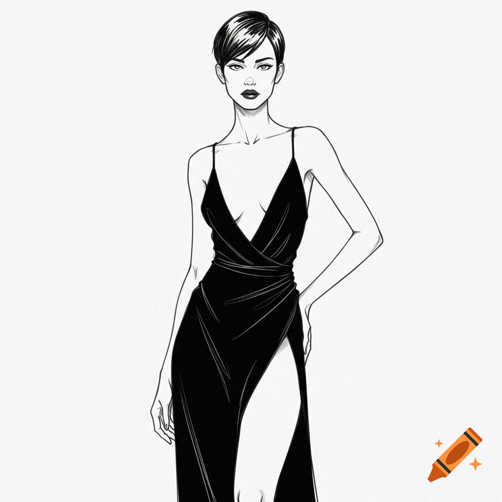 Pencil line sketch of a woman with short hair in a low-cut black dress with a leg slit, standing.