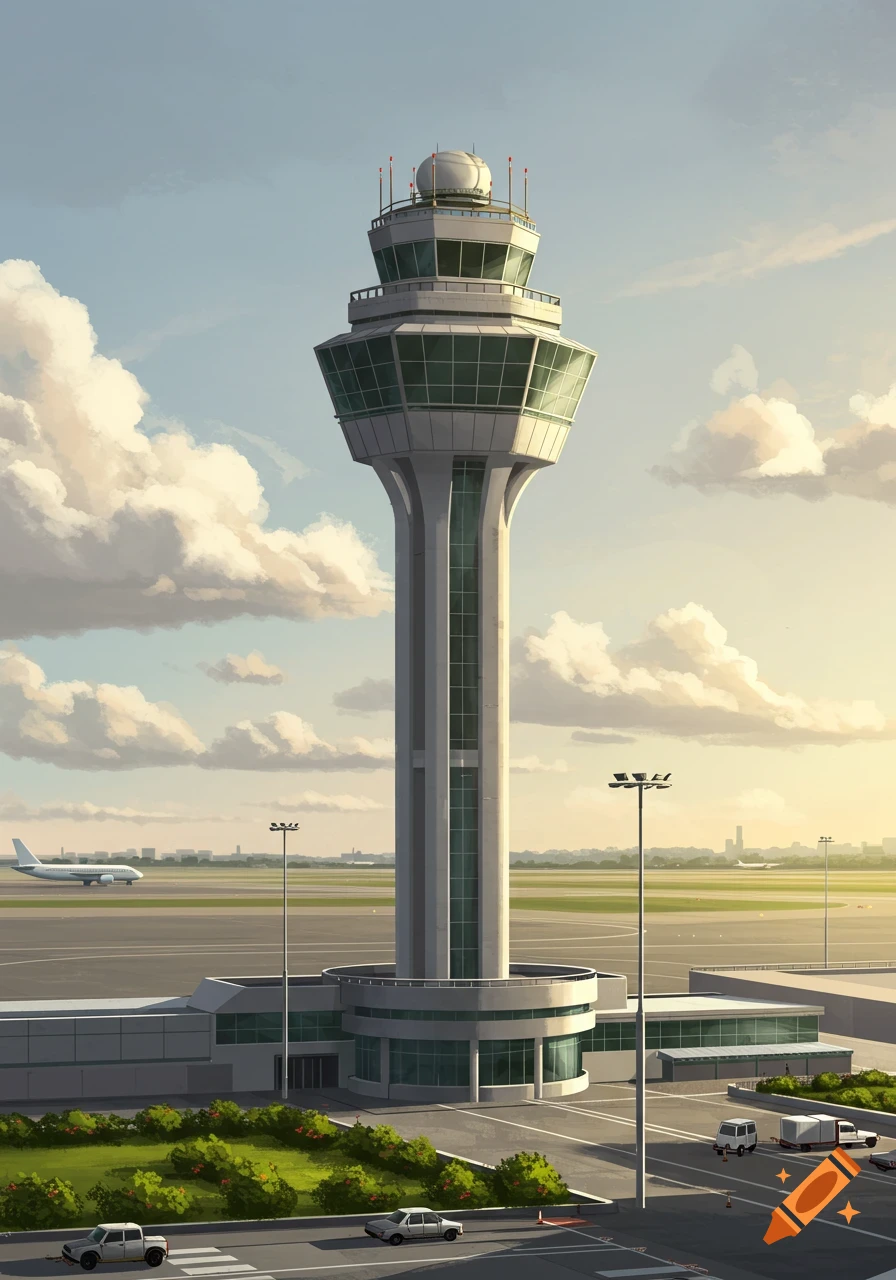 A tall airport control tower at sunset, with planes on the tarmac and cars below, in an illustrative style.