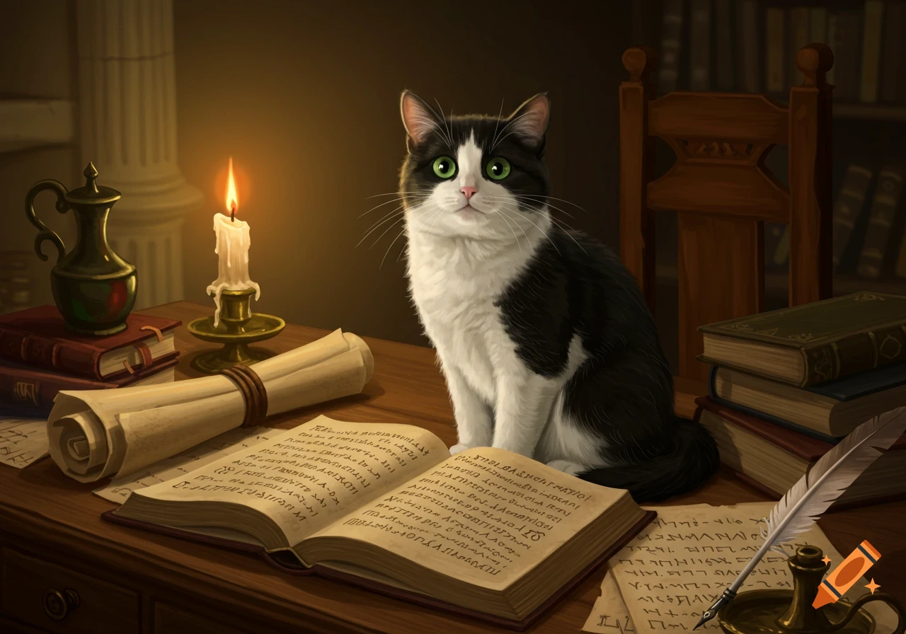 A tuxedo cat with green eyes sits on a desk with ancient scrolls, open books, a lit candle, and a quill in a dimly lit room.