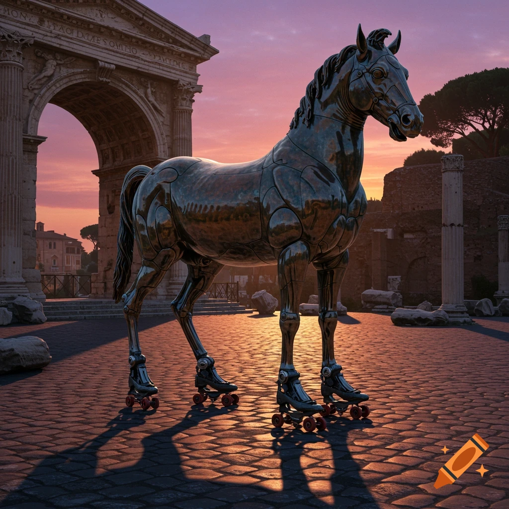 A bronze mechanical horse statue on roller skates stands before a Roman arch at sunset.
