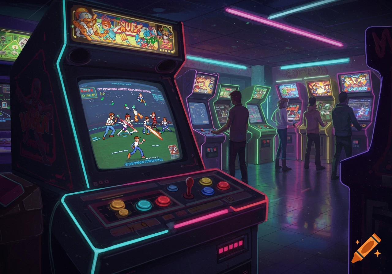 Retro-futuristic arcade with neon lights, foreground showing pixel art game on machine, people playing in background.