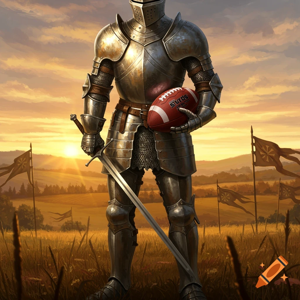 A knight in shining armor stands in a golden field at sunset, holding a sword and a football.