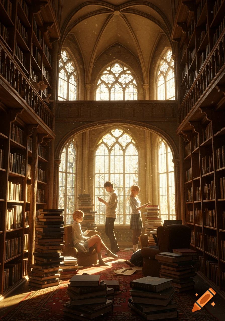 Three people read in a grand, sunlit gothic library with towering bookshelves, ornate windows, and scattered piles of books.