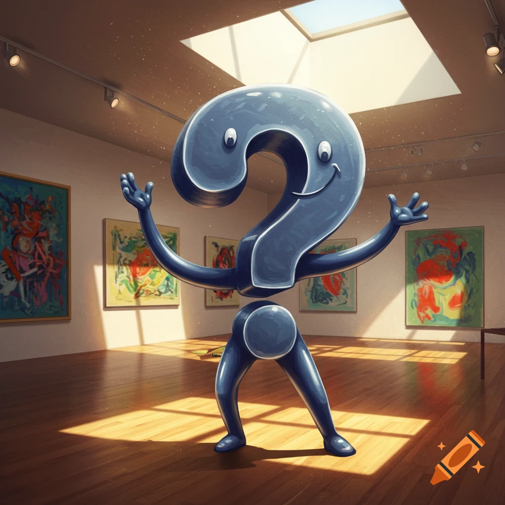 A friendly, smiling, cartoon question mark character with arms and legs stands in an art gallery, surrounded by paintings.