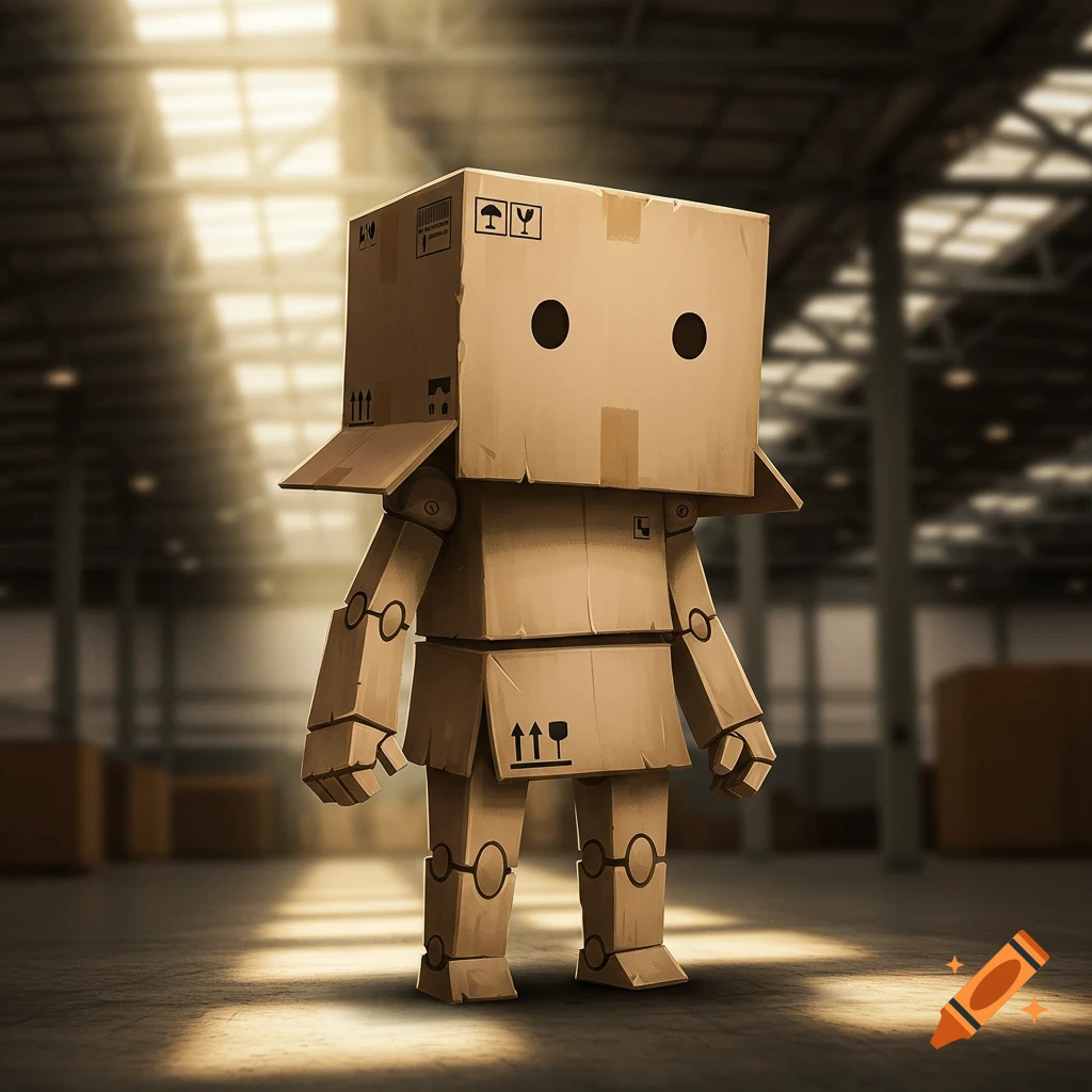 A toddler-sized humanoid robot made of cardboard boxes stands in a sunlit warehouse.