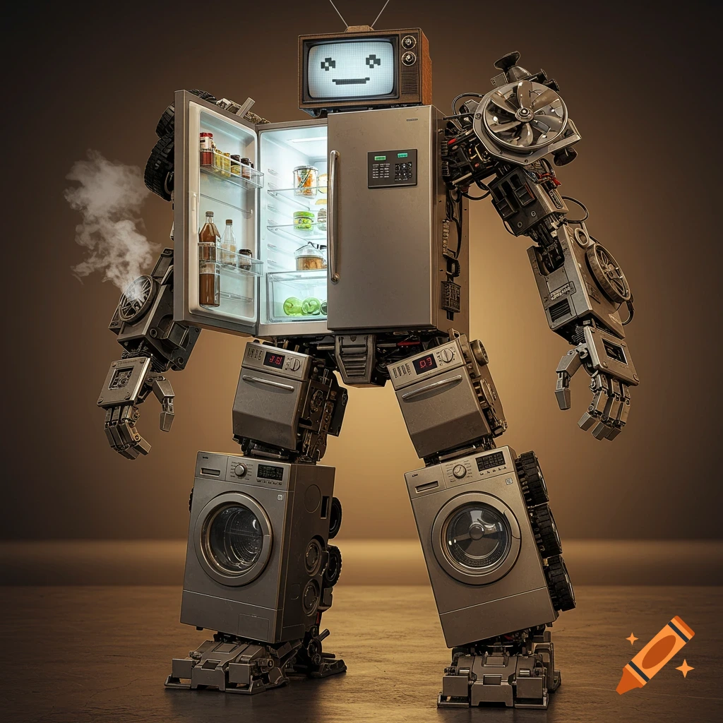 Photorealistic robot made from household appliances like a fridge, washing machines, and a TV head, standing.