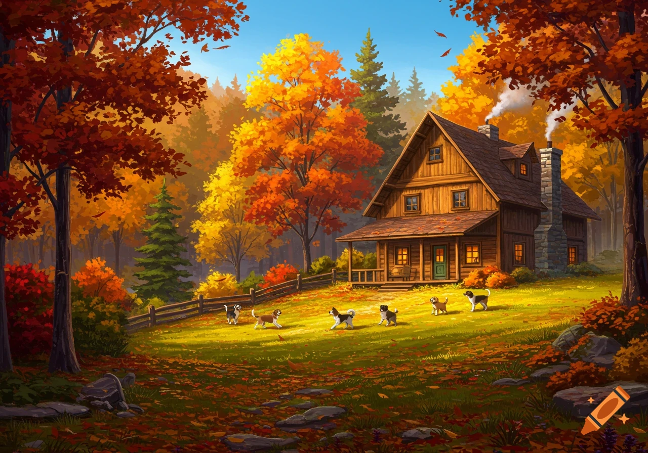A charming wooden cabin nestled in a vibrant autumn forest, with six playful puppies frolicking in the sunny garden.