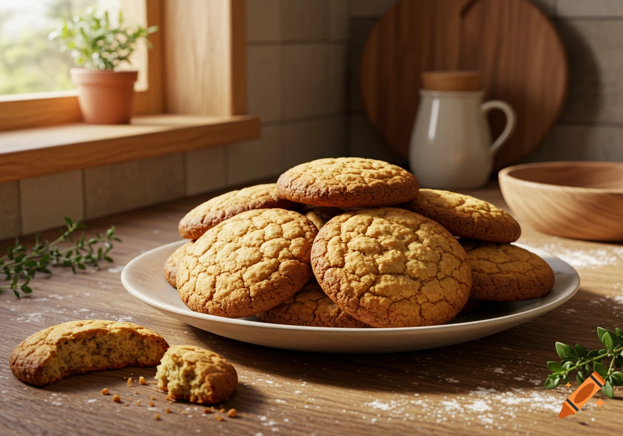 Plate of golden brown cookies, one broken, on a wooden counter in a cozy kitchen with natural light.