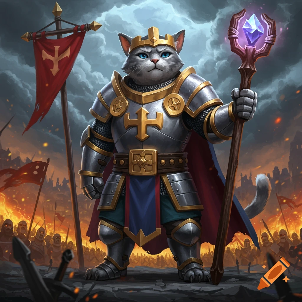 A majestic cat knight in ornate silver and gold armor, wearing a crown, holds a glowing purple crystal staff on a battlefield.