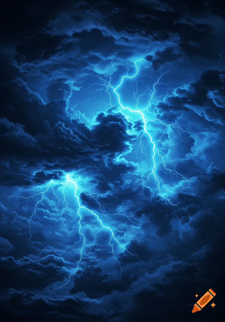 Bright blue lightning flashes across a dark, turbulent blue storm sky with heavy clouds.