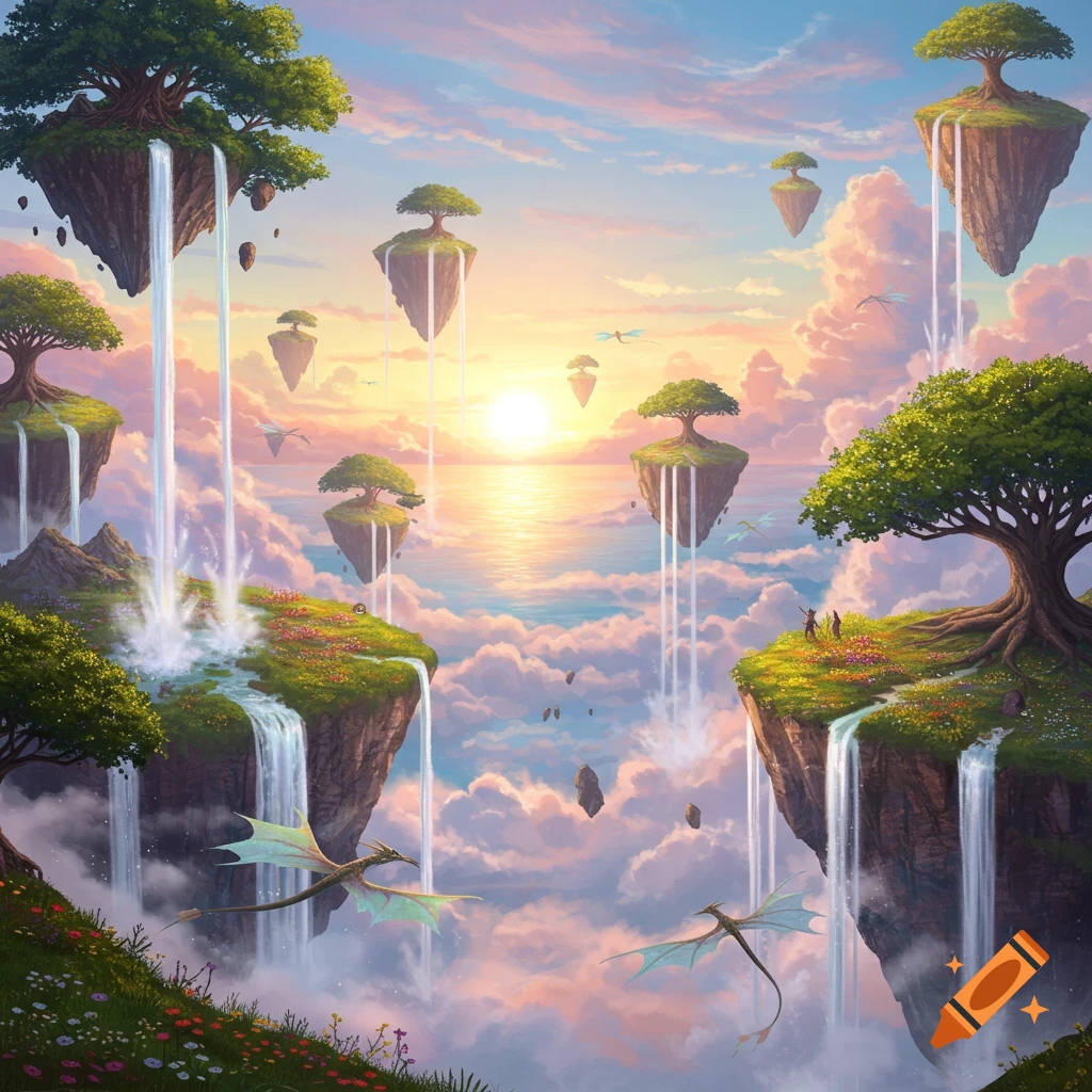 Fantasy landscape featuring lush floating islands with trees and waterfalls, small dragons flying, and a vibrant sunset over a cloud-filled sea.