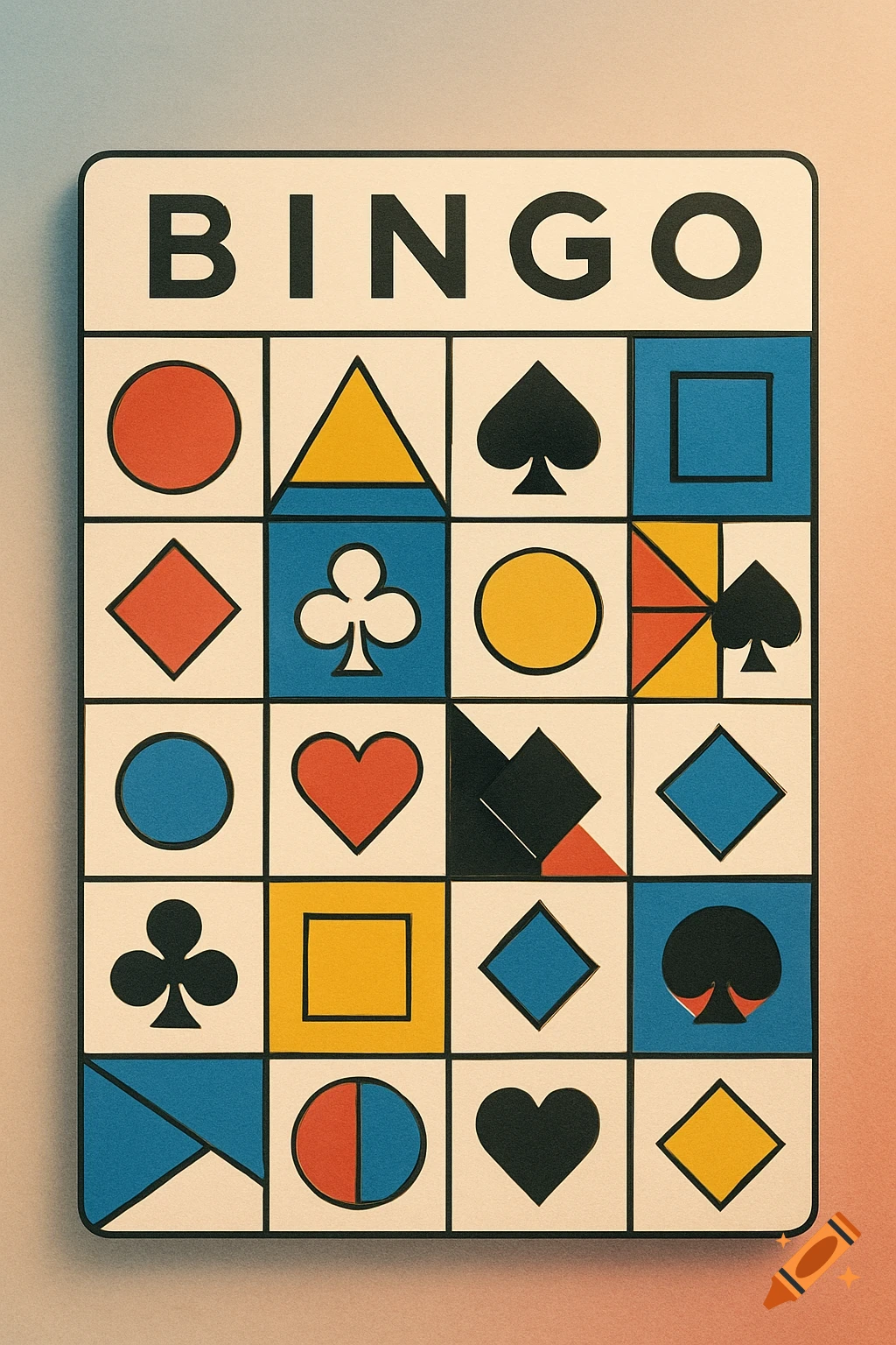 A colorful bingo card featuring geometric shapes and playing card symbols in a grid, with 'BINGO' at the top.