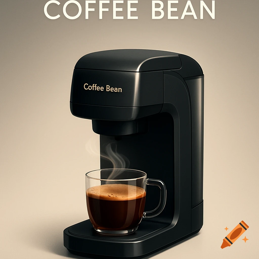 A minimalist product shot of a black 'Coffee Bean' coffee machine dispensing hot coffee into a clear glass mug.