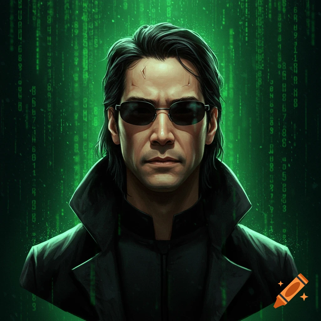 A detailed digital painting of a man resembling Neo from The Matrix, wearing a black trench coat and sunglasses, against a green digital code background.
