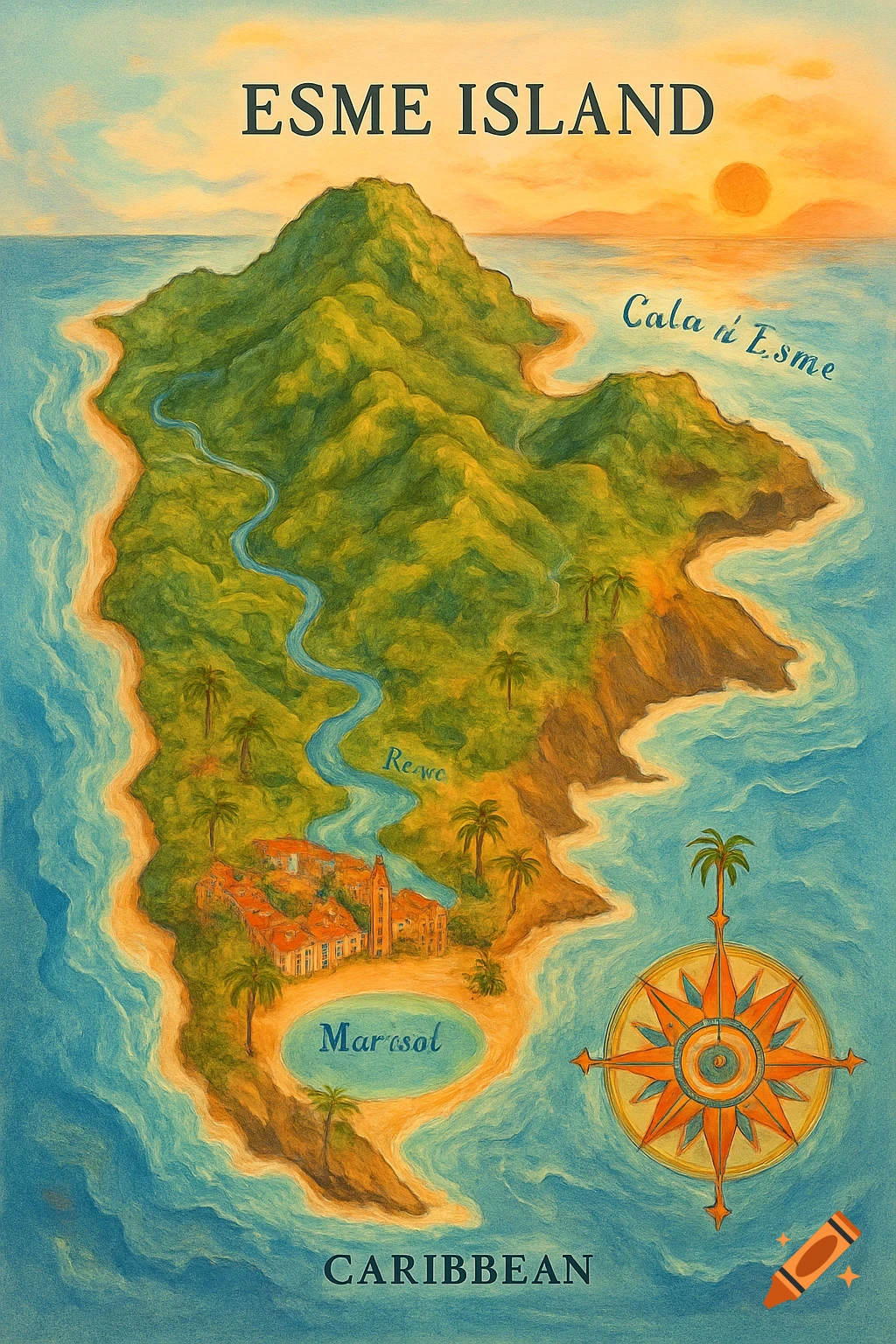 A vintage-style illustrated map of Esme Island, Caribbean, showing green mountains, a river, a town, beaches, and a compass rose.