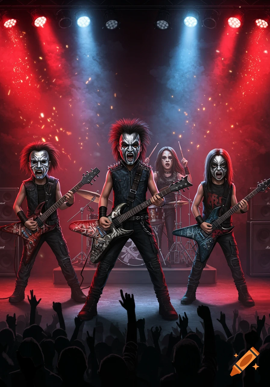 Stylized illustration of a heavy metal band with masked members performing on stage under red and blue spotlights to a cheering crowd.