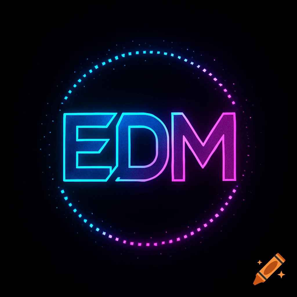 Neon blue and pink 'EDM' logo with a dotted circular frame on a black background.