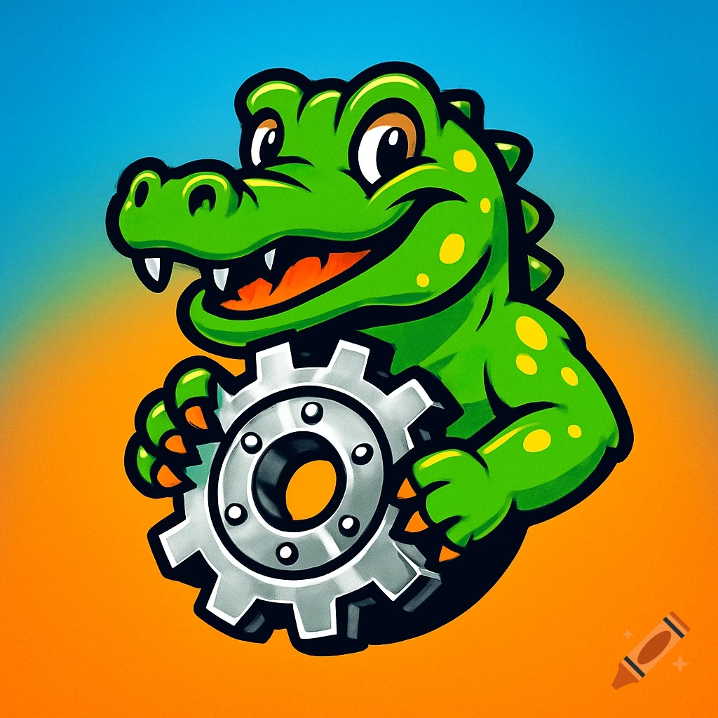A vibrant cartoon logo of a green alligator smiling and holding a silver gear.