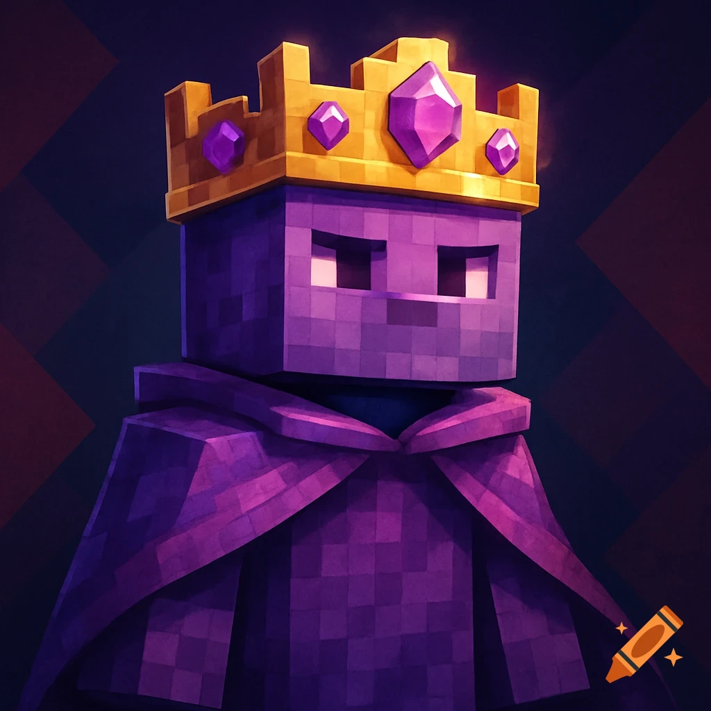A blocky purple Minecraft character with a gold crown adorned with purple gems and a purple cape.