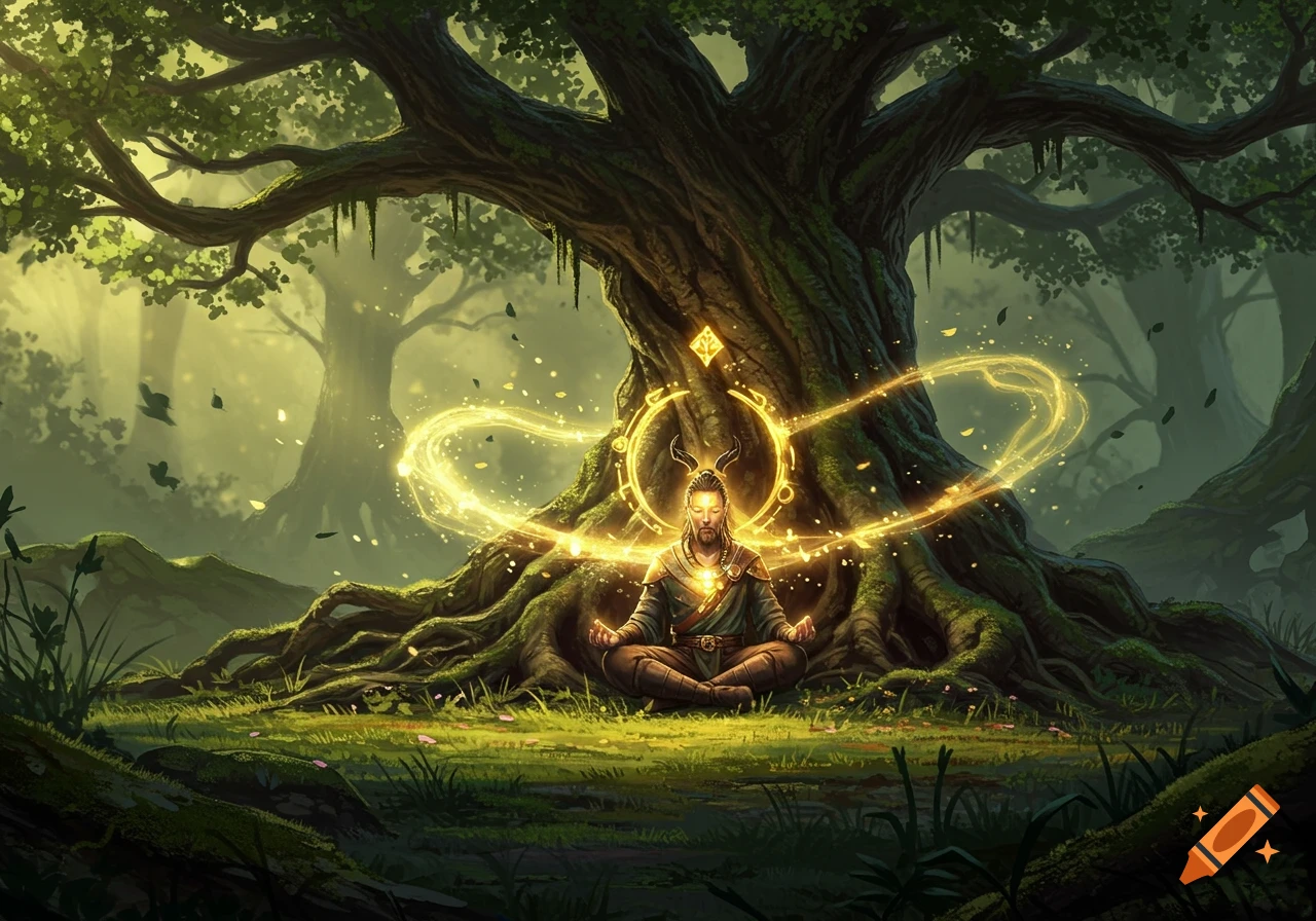 A spiritual warrior meditates under a giant ancient tree in a mystical forest, surrounded by a glowing golden aura. Epic fantasy illustration.
