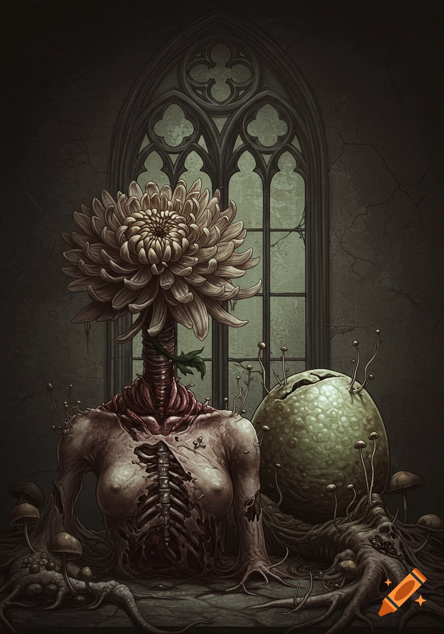 Macabre creature with a chrysanthemum head, exposed ribcage torso, next to a cracked alien egg and mushrooms in a gothic room.