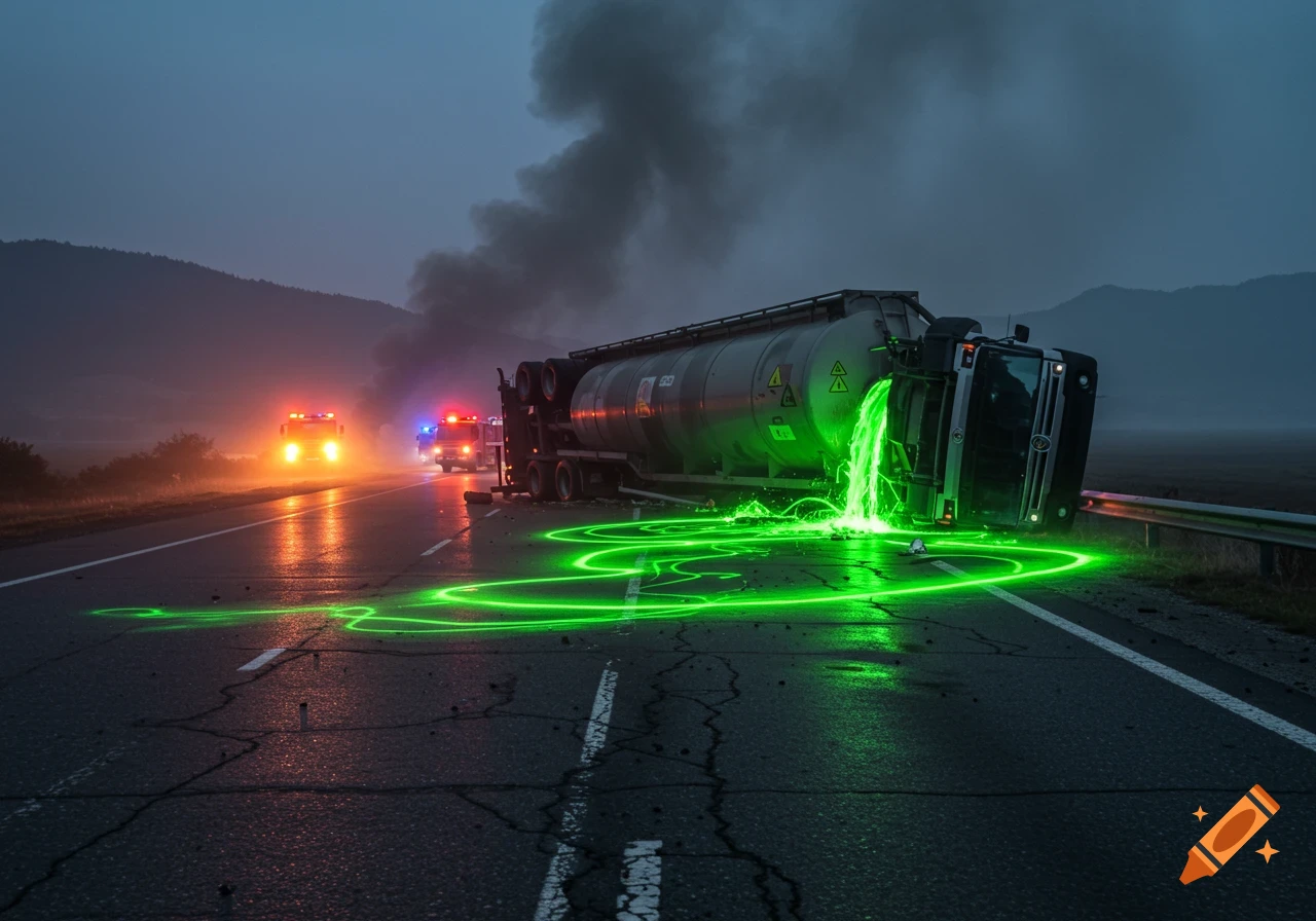 Overturned tanker truck spilling glowing green liquid on a dark road, with emergency vehicles in the background and smoke.