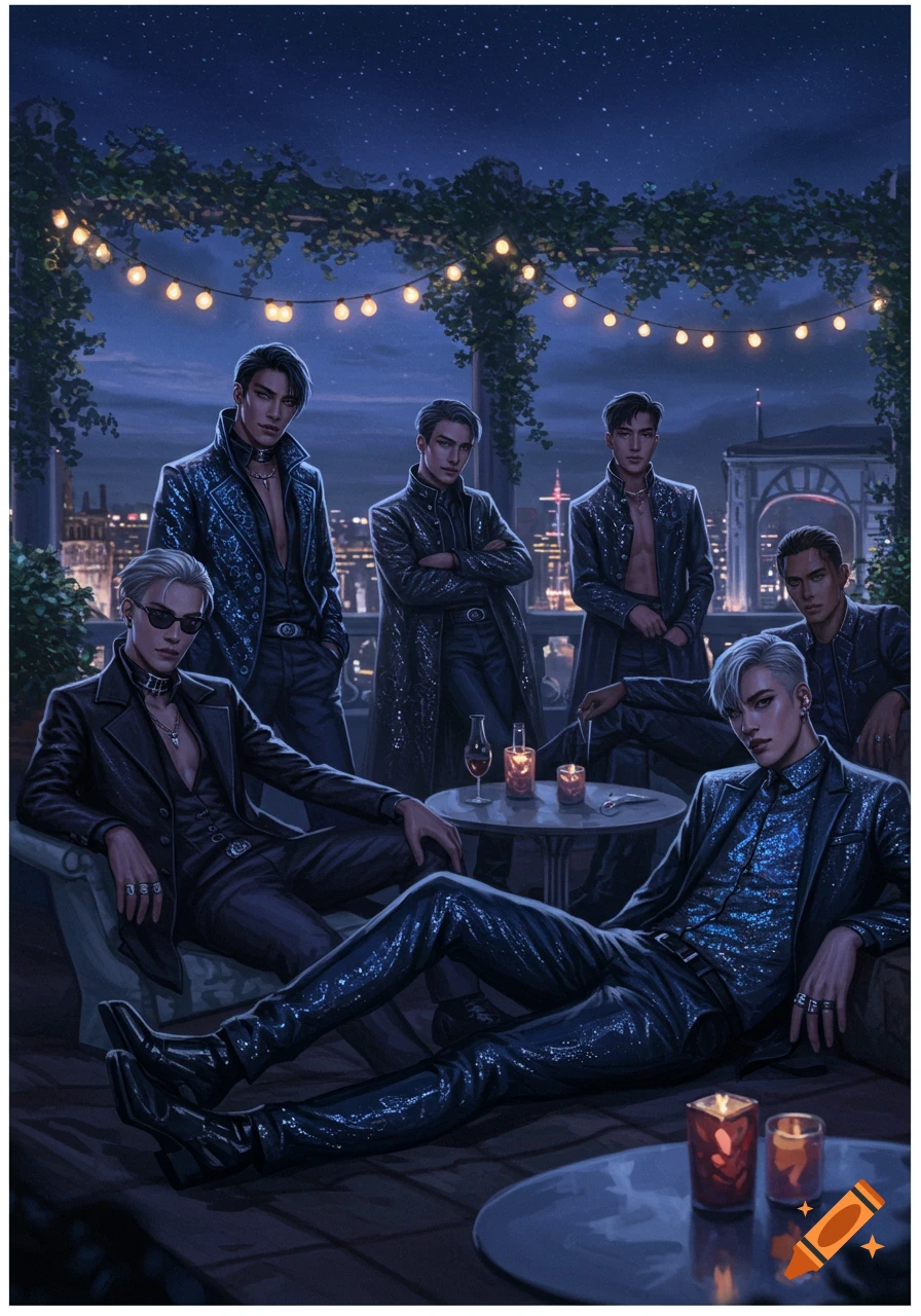 A group of stylish men in black and sparkling outfits relax on a rooftop bar at night with city lights in the background. Digital art.