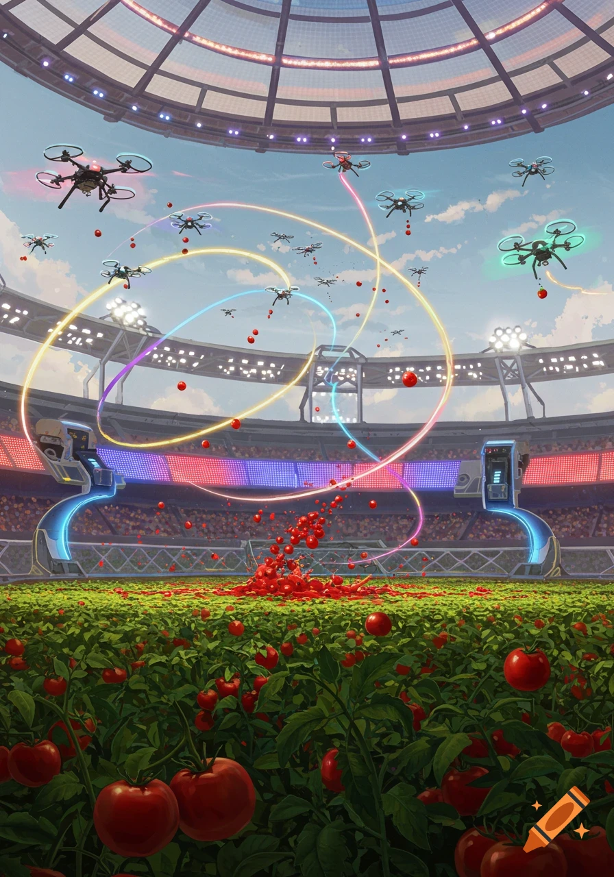 Drones fly over a stadium field covered in tomato plants, dropping tomatoes that splatter on the ground. Vibrant, futuristic illustration.
