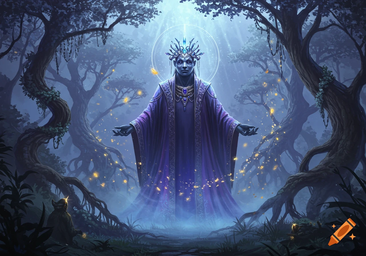 A mystical blue-skinned figure in purple robes and a crown stands with outstretched arms in a dark, glowing fantasy forest.