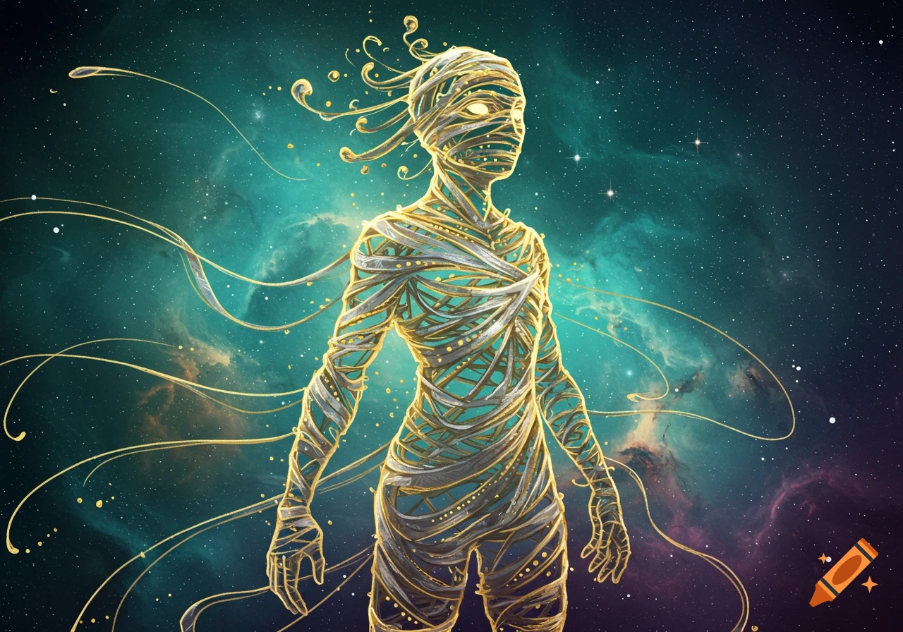 A humanoid figure made of glowing golden and silver threads stands against a teal and purple cosmic background.