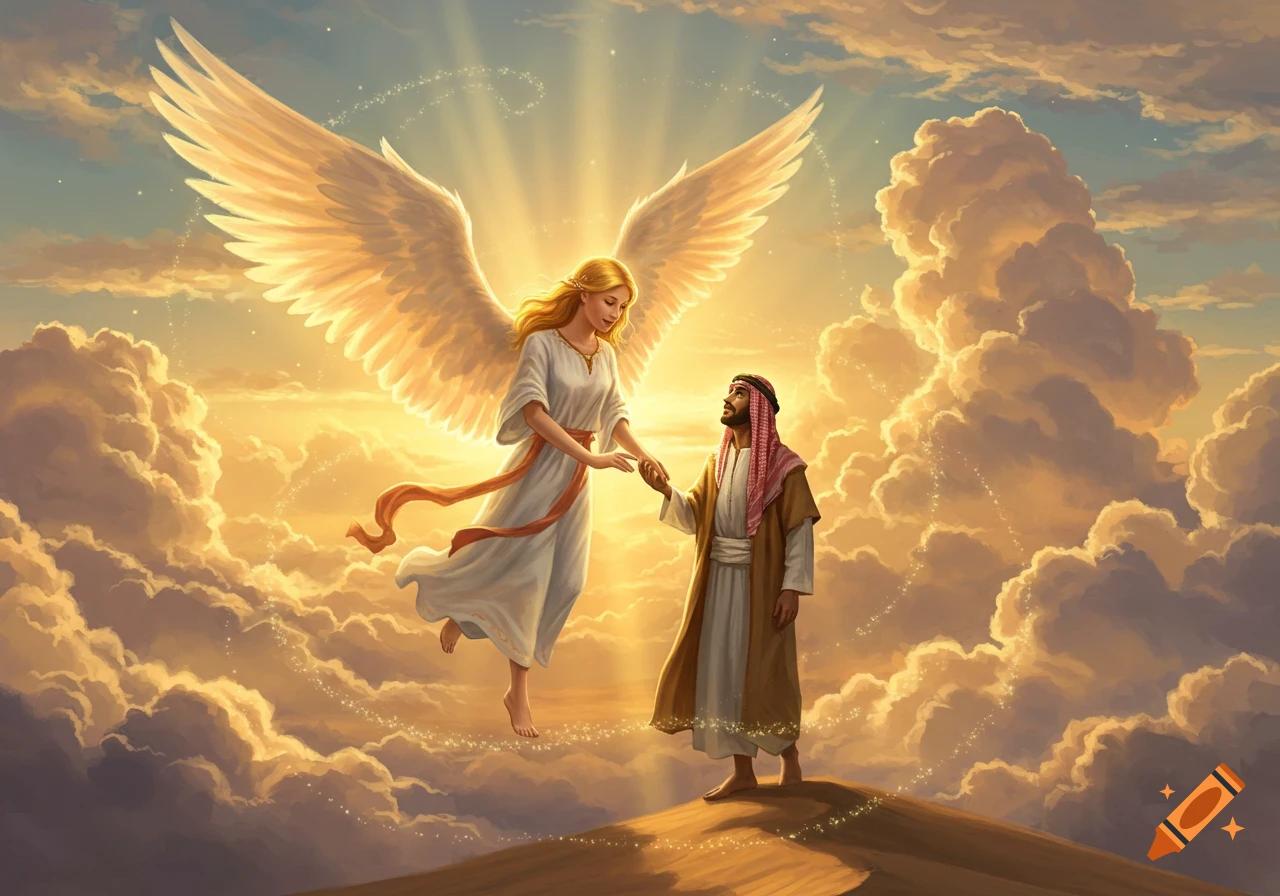 Blond angel in white gown reaches for Arabic man's hand on desert dune, surrounded by golden clouds and divine light, digital painting.