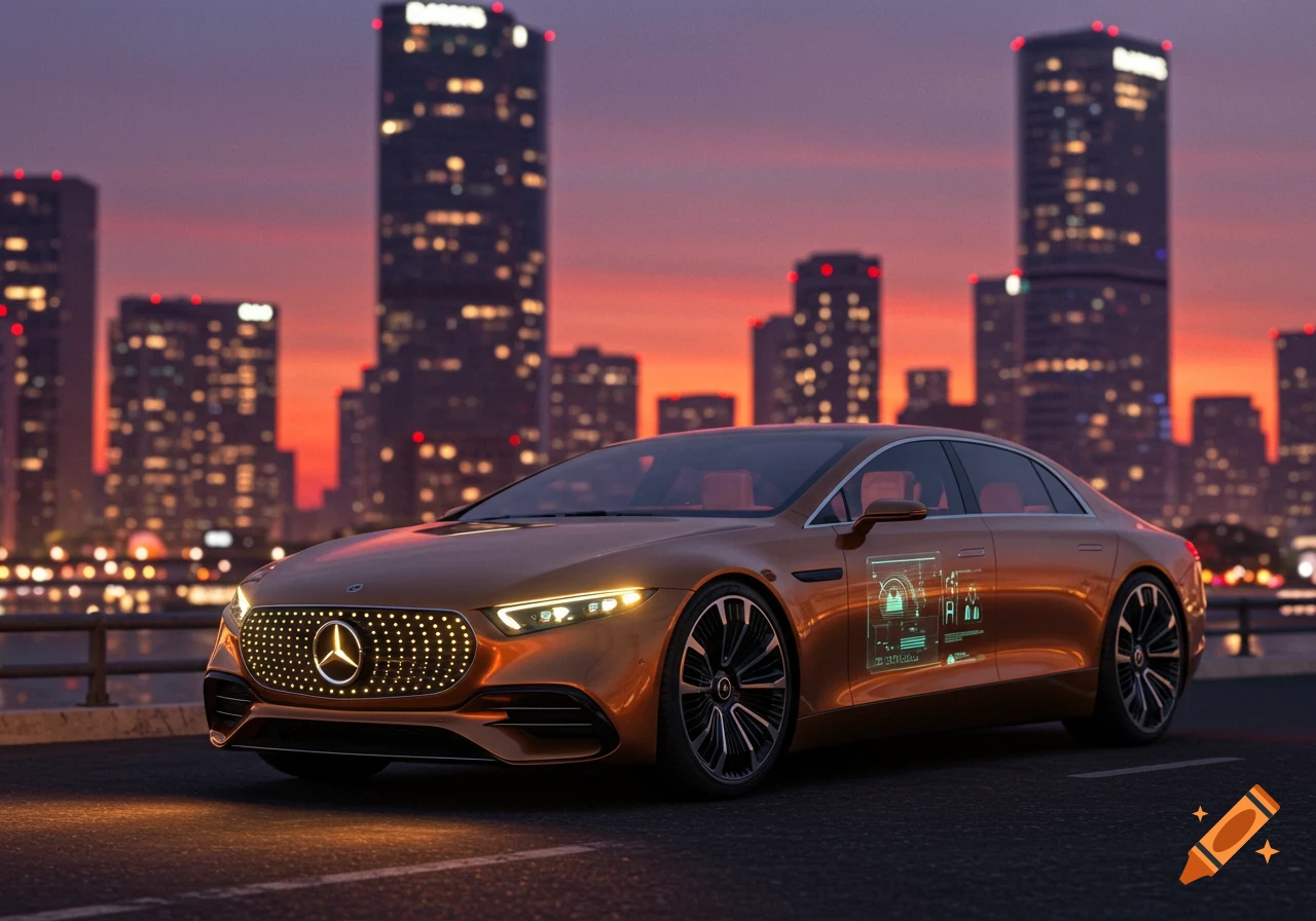 A futuristic bronze Mercedes sedan with glowing grille and holographic side displays parked on a bridge at sunset with a city skyline.