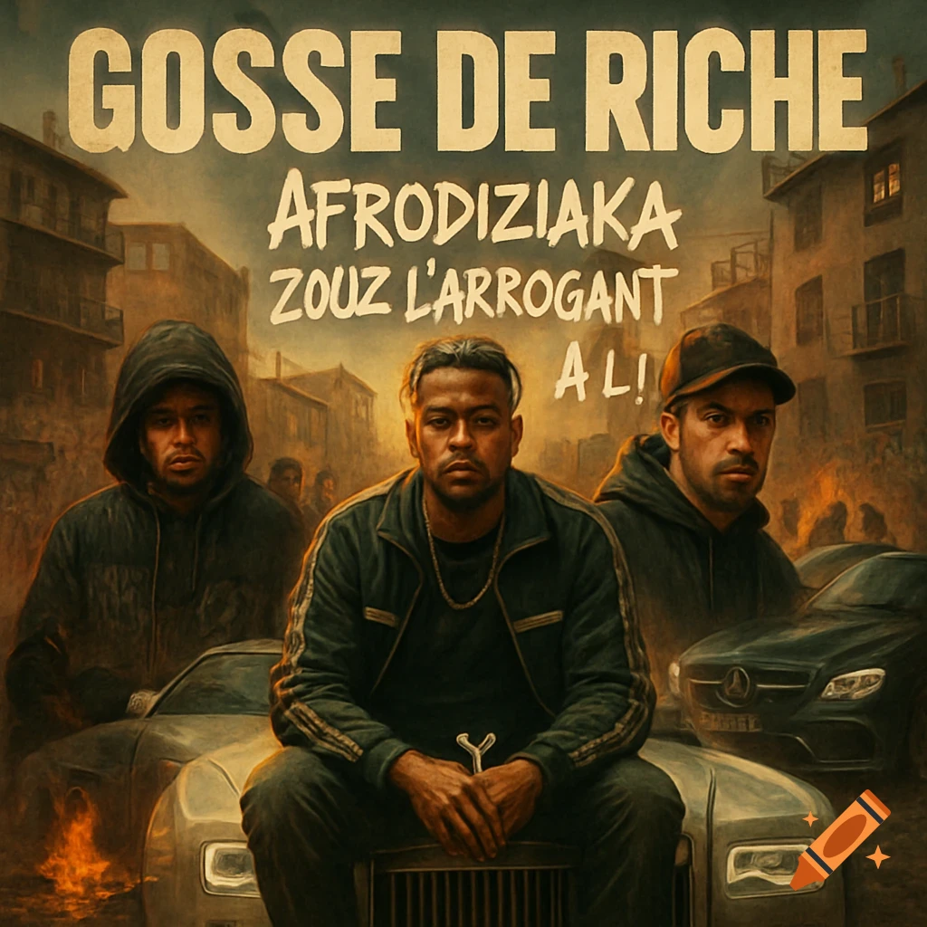 An album cover featuring three men in an urban, somewhat distressed setting, with two luxury cars. The central figure sits on a car while two others stand beside. Text reads "GOSSE DE RICHE" with artist names "AFRODIZIAKA ZOUZ L'ARROGANT A.L!" below.