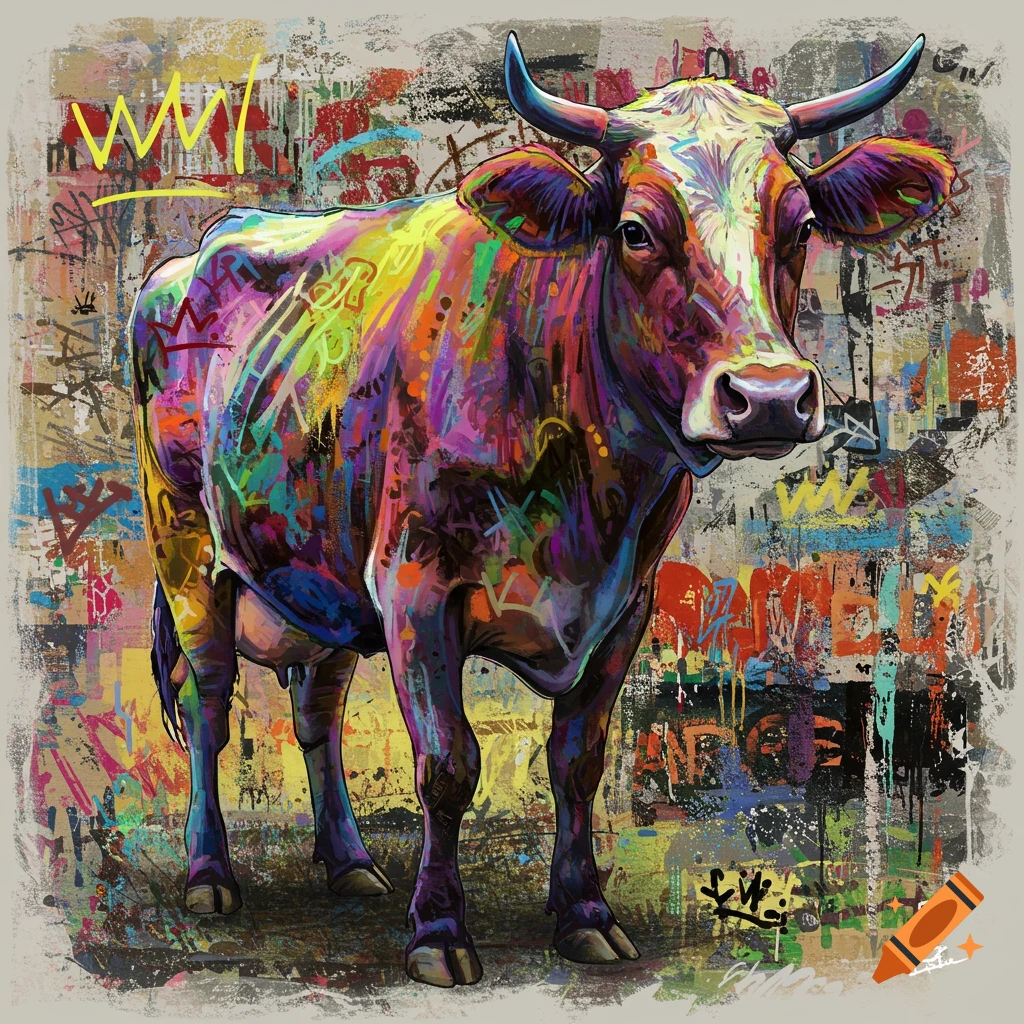 A colorful cow rendered in a vibrant graffiti and street art style, covered in abstract splatters and text-like markings against a chaotic background.
