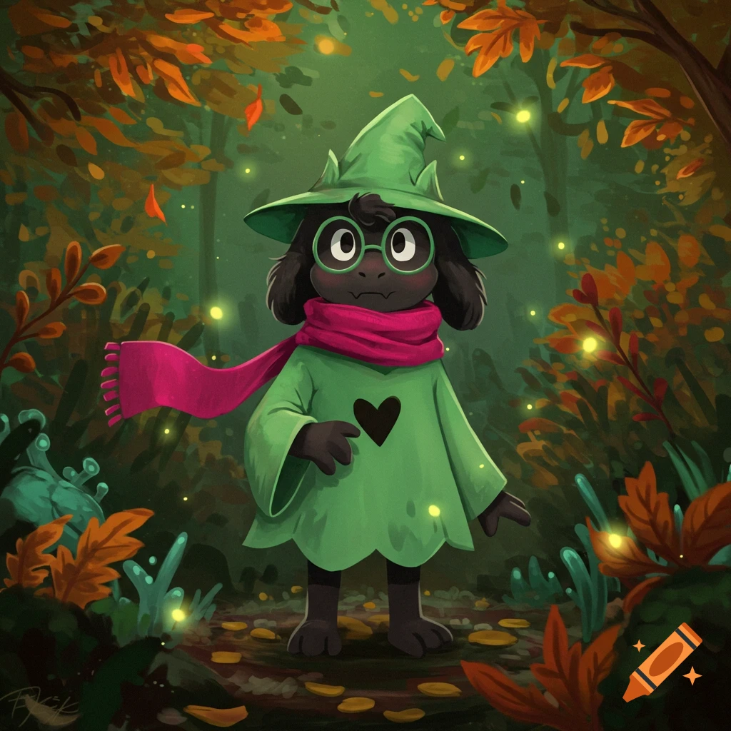 A stylized illustration of Ralsei, a dark-furred, goat-like character with glasses, wearing a green hat, robe, and pink scarf, standing in a glowing autumnal forest.