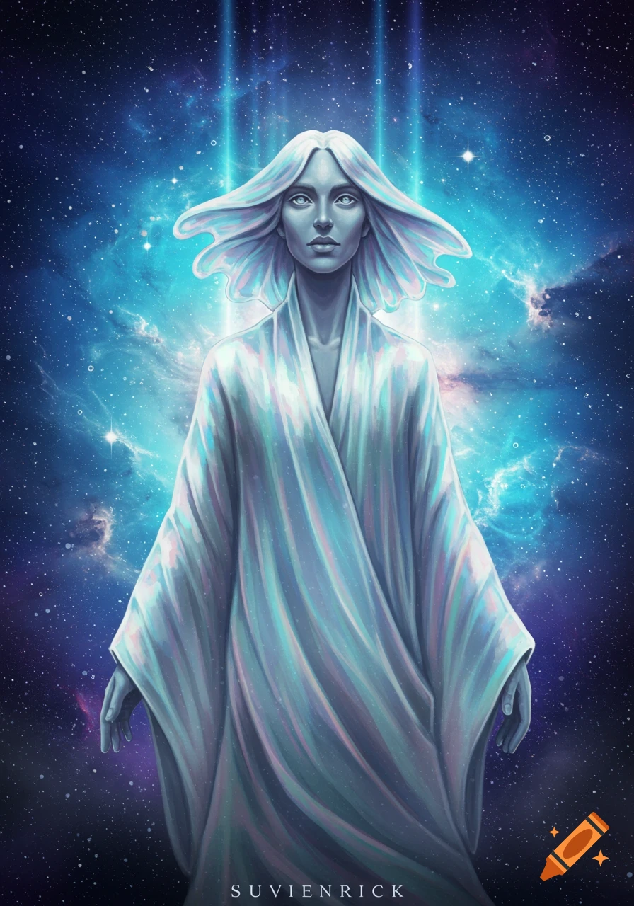 A luminous figure with white hair and flowing robes stands against a cosmic backdrop of stars and nebulae.