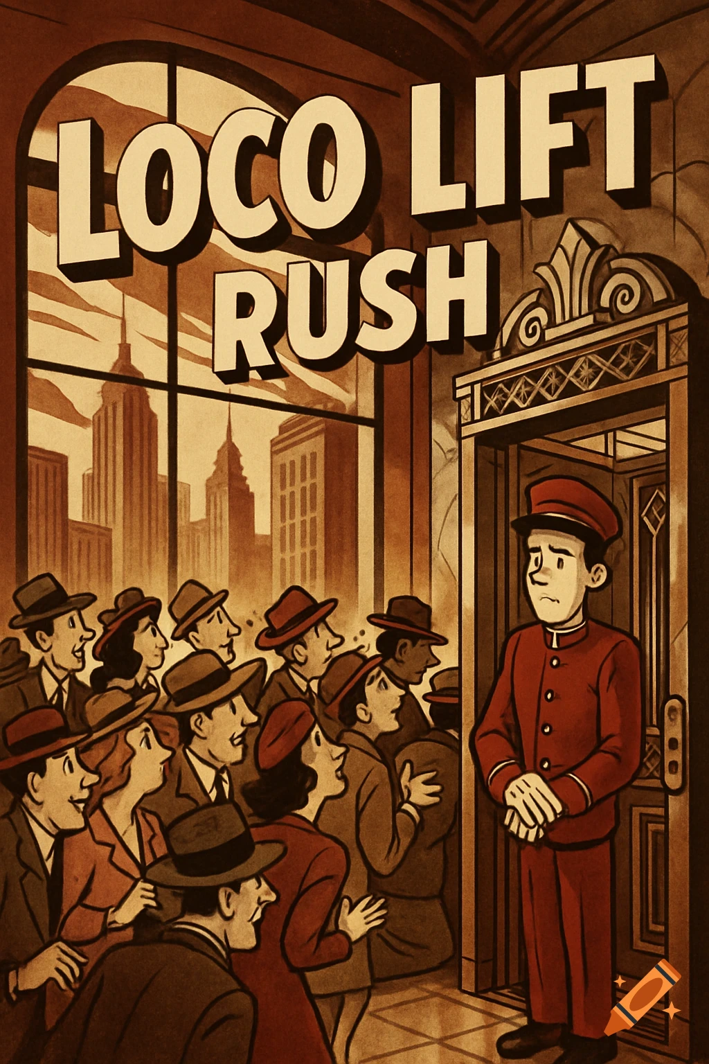 Vintage 1940s illustration of a stressed elevator operator facing a crowd in an Art Deco lobby with city skyscrapers, titled "Loco Lift Rush".