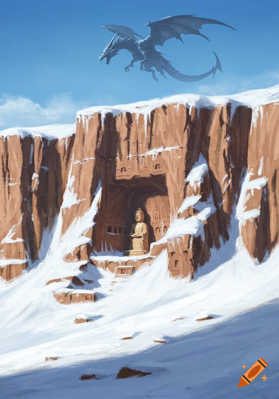 A majestic dragon flies over snowy cliffs with a carved Buddha statue below in a semi-realistic digital painting.