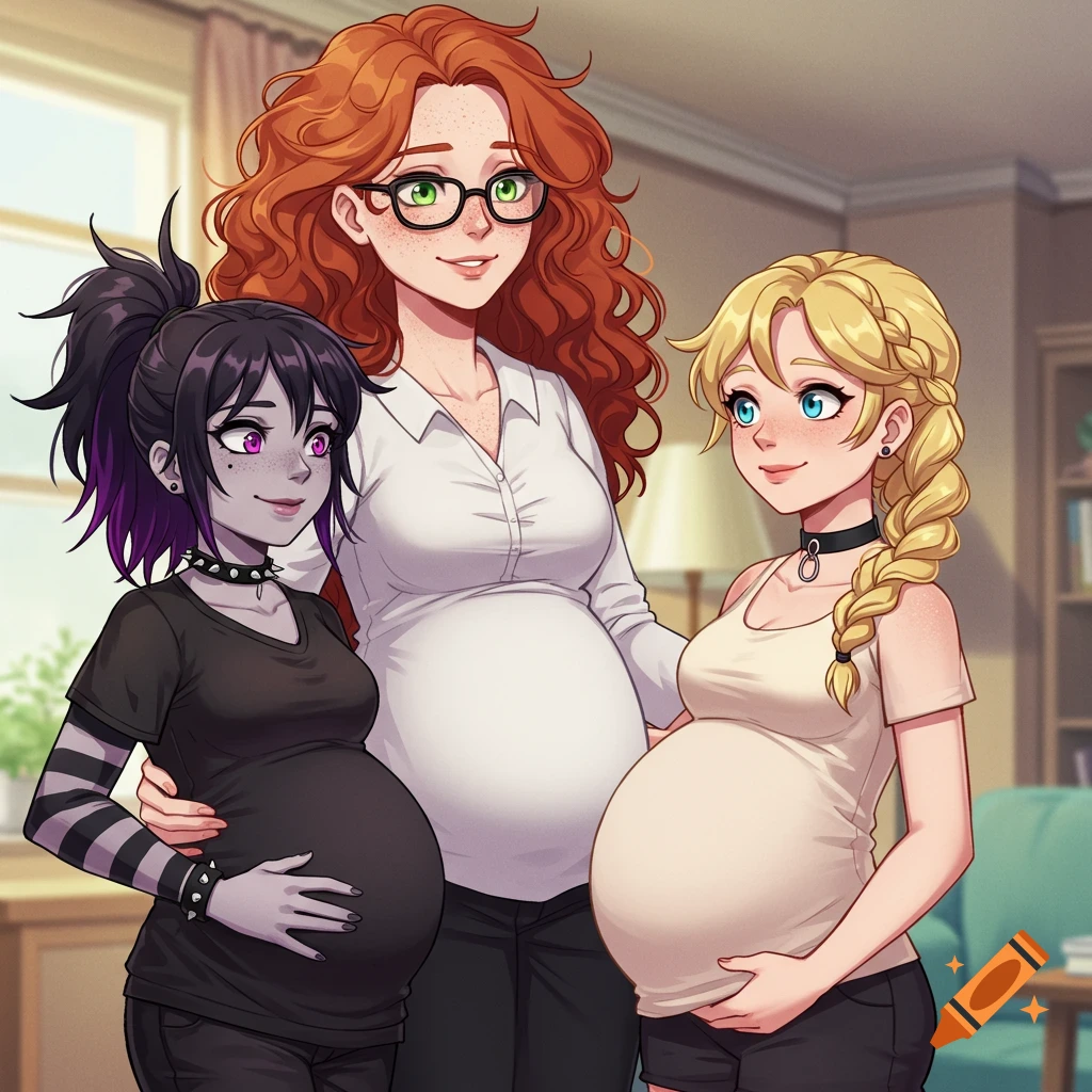 Three pregnant women, one with red hair and glasses, one with dark hair and a punk style, and one blonde with a braid, stand together in an anime style.