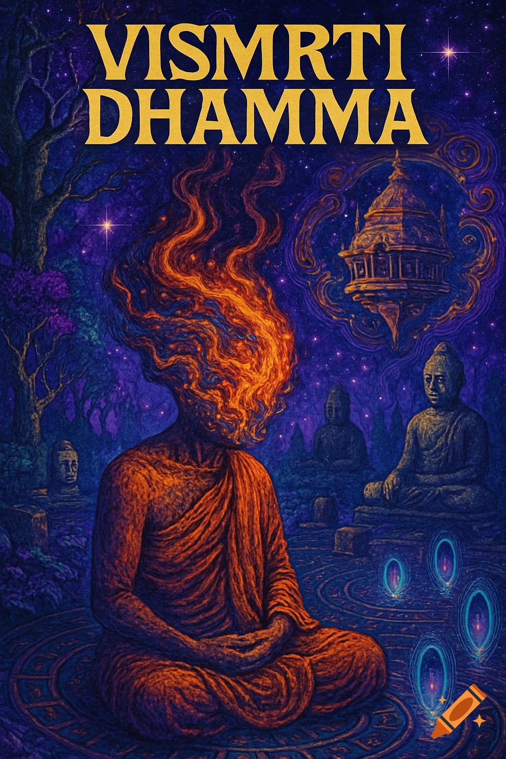 Mystical illustration of a meditating figure with a head of flames in a dark, starry forest with Buddha statues. Text: Vismrti Dhamma.