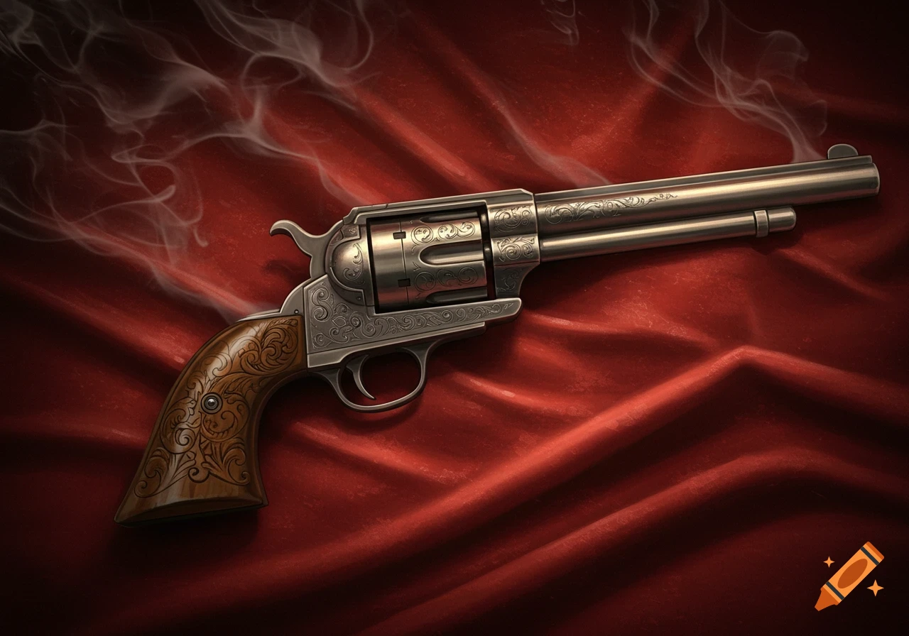 An ornate, silver-barreled revolver with a carved wooden handle, lying on rich red draped fabric, with smoke rising from it.