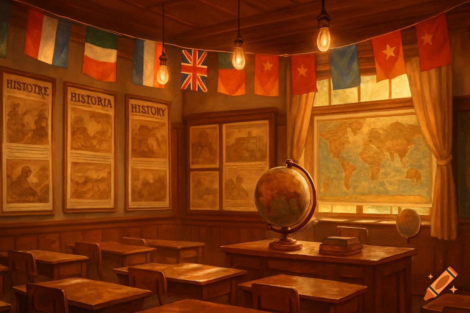 A cozy, vintage high school history classroom with international flags, historical posters, a world map, a globe, and wooden desks.